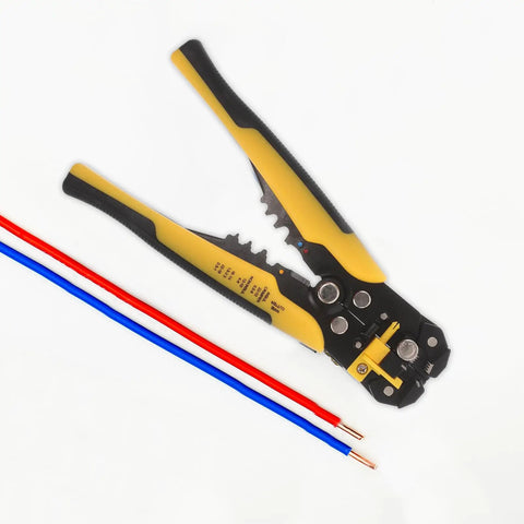 Heavy Duty Automatic Wire Strippers And Crimping Tool Built Tough Electric Cable Cutter Pliers With Knuckle Saving Grip For Smooth Jobsite Cuts And Quick Wiring Tasks with red and blue wires