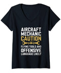 Women Aircraft Mechanic Tee Caution Flying Tools V Neck Shirt For AMT Aviation Maintenance Technicians, black with warning print.