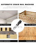 Automatic Chain Nailer With Fifty Chain Nails Adjustable Depth Setting Power Drill Attachment For Framing And Deck Building No Sweat Setup for ceiling and cabinet installations.