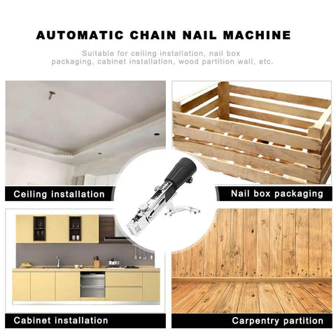 Automatic Chain Nailer With Fifty Chain Nails Adjustable Depth Setting Power Drill Attachment For Framing And Deck Building No Sweat Setup for ceiling and cabinet installations.