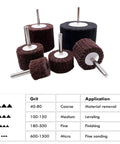 Four Piece Nonwoven Abrasive Buffing Wheel Set For Drills And Angle Grinders With 120 180 320 And 600 Grit Polishing Wheels For Metal Wood And Plastic Use One Quarter Inch Shank displayed with grit and application chart