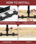 Installation guide for All Aluminum Cabinet Hardware Jig For Precise Drilling And Alignment with four-step process on wood drawer.