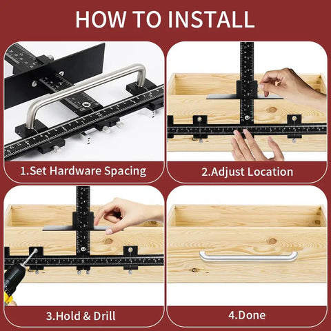 Installation guide for All Aluminum Cabinet Hardware Jig For Precise Drilling And Alignment with four-step process on wood drawer.