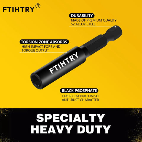 Hex shank drill bit with S2 alloy steel, torsion zone, and black phosphate coating, labeled FTIHTRY Specialty Heavy Duty.