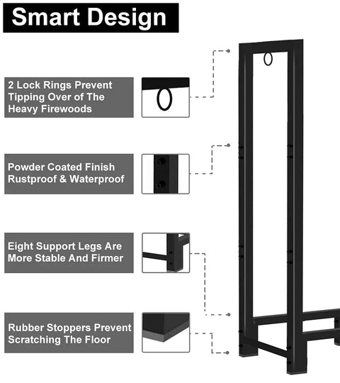 8Ft Outdoor Firewood Rack Holder For Wood Storage And Fireplace Use With 10 Stable Support Legs Adjustable Log Stacker Stand Heavy Duty Black Weather Resistant Design Supports Large Wood Piles Up To Half Cord And Up To 4550 Pounds illustrated design features