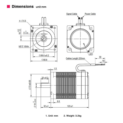 Front and side views of a NEMA 34 integrated servo motor with built-in encoder; cables, LED, and mm dimensions.