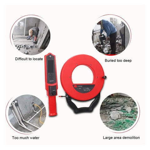 Sick Rock Solid Stud Finder Wall Scanner That Actually Slaps For Finding Electrical Pipes Cables And Drain Blockages Up To Fifty Centimeters With A Hella Bright Display next to various images showcasing tough locations.