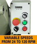 Control panel of 14 Inch Variable Speed Cold Saw With A Badass 3HP Direct Drive Motor showing variable speeds 24-120 RPM.