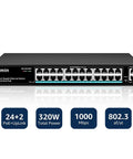 Front view of 26-Port Gigabit PoE Switch With 24 PoE Ports And 2 Uplink Ports, Unmanaged Ethernet Switch With 320W Power, VLAN Ready