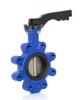 Lug-type butterfly valve with blue cast-iron body, EPDM gasket, and black lever handle.