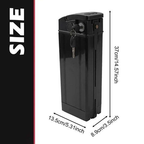 Heavy Duty 48v Electric Bike Battery Box With Large Capacity Housing Case For Ebike And Folding Scooter showing size measurements.