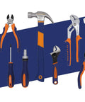 Awesome 188-Piece Home Tool Kit with various essential hand tools in vibrant orange and blue design on blue background.