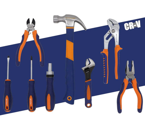 Awesome 188-Piece Home Tool Kit with various essential hand tools in vibrant orange and blue design on blue background.