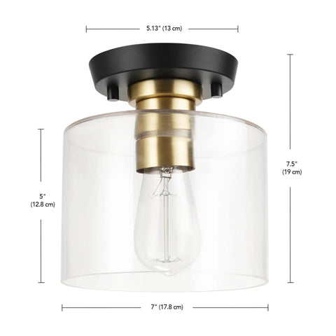 Polly 1 Light Flush Mount Ceiling Light With Black Finish, Clear Glass Shade, Antique Brass Socket, Vintage Edison Bulb Included
