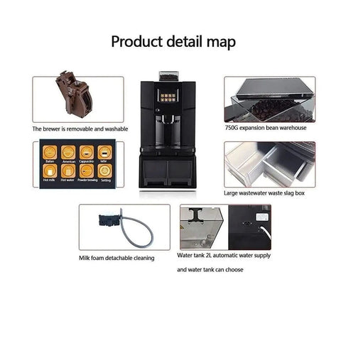 Detailed view of Super Automatic Espresso Machine And Hot Water Dispenser Combo showing removable brewer and 750G bean warehouse.