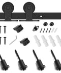 5 Ft Top Mount Sliding Barn Door Hardware Kit For 26 To 30 Inch Doors, black finish, screws, and hanger parts