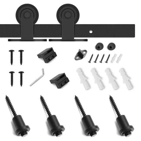 5 Ft Top Mount Sliding Barn Door Hardware Kit For 26 To 30 Inch Doors, black finish, screws, and hanger parts