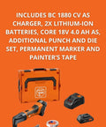 Cordless Nibbler For Roofs And Facades kit with charger, 18V batteries, punch and die set, marker, and tape on orange background.
