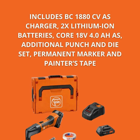 Cordless Nibbler For Roofs And Facades kit with charger, 18V batteries, punch and die set, marker, and tape on orange background.