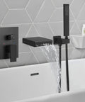 Matte Black Waterfall Bathtub Faucet With Handheld Shower, Wall Mounted Rough In Valve, Tub Filler Spout, And Solid Brass Tub Sprayer
