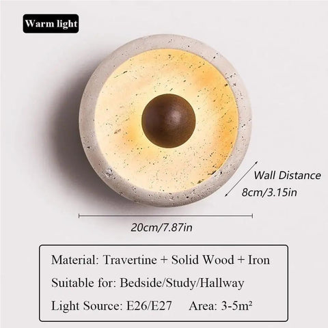 Round Travertine Wall Sconce with Stone Shade and Wood Accent E26 Hardwired Reading Light Fixture for Bedroom Bedside Living Room Hallway, top view