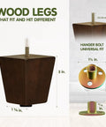 3 Inch Square Wood Furniture Legs Set Of 4 With Levelers, Adjustable Tapered Replacement Feet, Brown Walnut Solid Wood Finish