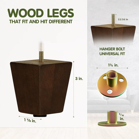3 Inch Square Wood Furniture Legs Set Of 4 With Levelers, Adjustable Tapered Replacement Feet, Brown Walnut Solid Wood Finish