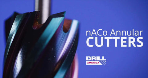 Close-up of blue-coated NACo nano-composite annular cutter with polished edge by Drill America ANC series