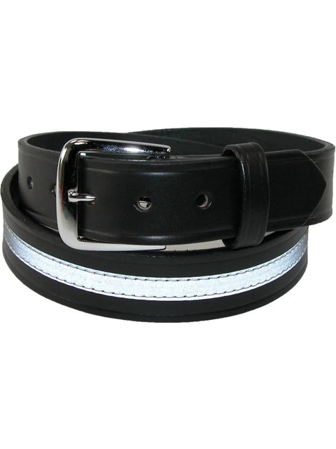 Leather Work Belt With Reflective Safety Stripe 1.5 Inch Wide In Black, Removable Silver Buckle, Made In USA, Built For Job Sites And Daily Heavy Duty Use, Size Up One For Best Fit