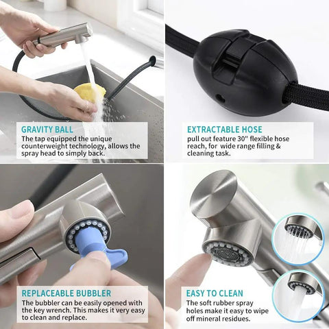 Chrome Kitchen Sink Faucet With Pull Out Sprayer For Farmhouse And Bar Sinks Durable Lead Free Stainless Steel Mixer Tap With Fingerprint Resistant Chrome Finish featuring gravity ball, extractable hose, replaceable bubbler, and easy-to-clean features.