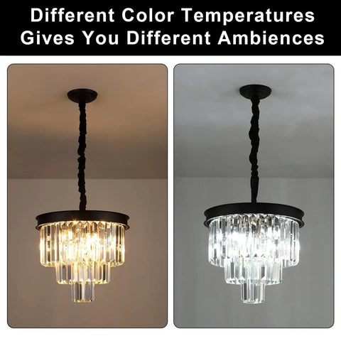 Modern Sleek 3 Tier Black Crystal Chandelier Pendant Light With Dimmable LEDs flush mount showing two color temperatures
