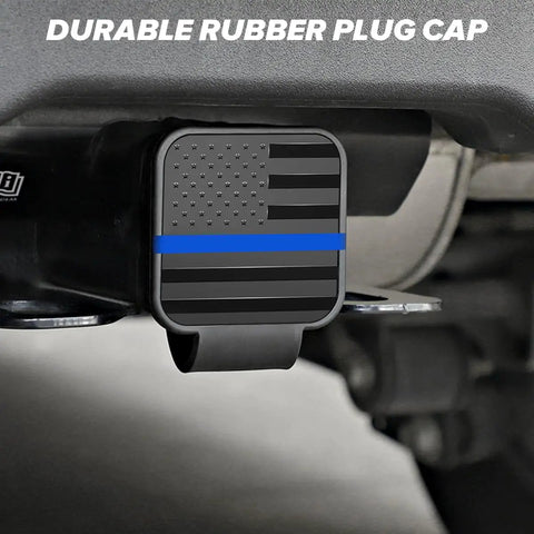 American Flag Trailer Hitch Cover 2 Inch Dustproof Tow Receiver Tube Plug Universal Fit for Most Cars, Durable TPU Patriotic Exterior Cap in Black and Blue shown installed