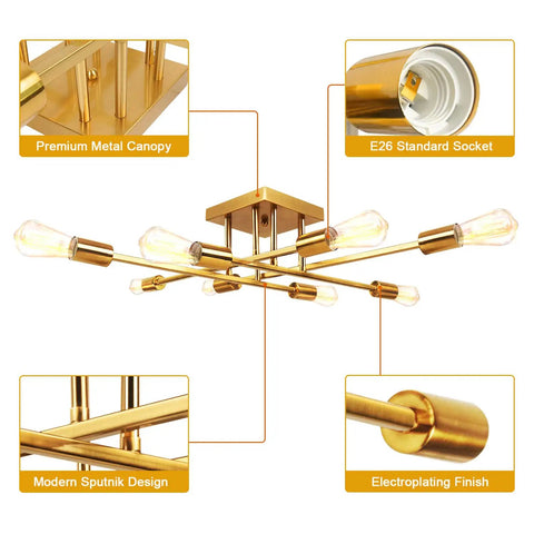 8 Light Modern Sputnik Ceiling Fixture In Gold For Dining Room And Kitchen Semi Flush Mount Industrial Style Dope Chandelier
