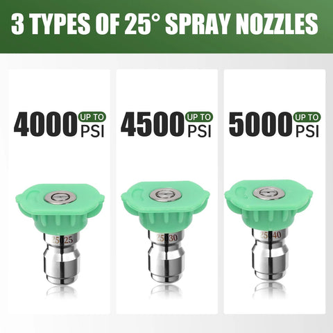 Three green 1/4-inch quick-connect pressure washer nozzle tips labeled 4000, 4500 and 5000 PSI