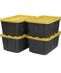Four black and yellow Beefy 27 Gallon Heavy Duty Stackable Storage Bins With Lids For Easy Stacking, Large Capacity 4 Pack, stacked together.