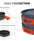 10 Piece Camping Cookware Set With 2L Pot, 0.8L Fry Pan, 1.1L Kettle Plus 3 Bowls, Spoon, Turner, Cleaning Sponge and Mesh Bag for Outdoor Meals for 1 to 3 People, featuring folding heat protection handles.