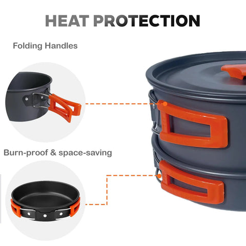 10 Piece Camping Cookware Set With 2L Pot, 0.8L Fry Pan, 1.1L Kettle Plus 3 Bowls, Spoon, Turner, Cleaning Sponge and Mesh Bag for Outdoor Meals for 1 to 3 People, featuring folding heat protection handles.