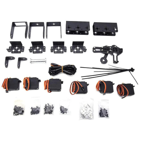 Toy black robotic arm kit components laid out: 6DOF clamp claw parts, servos, brackets, gears, wiring.