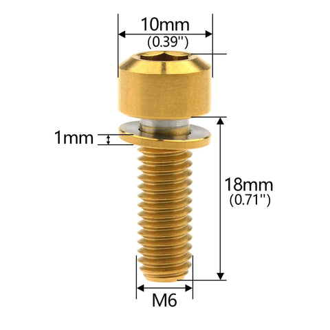 Titanium Alloy M6x16 18 20 25 30 35mm Hex Head Bike Stem Bolts With Washer For MTB And Road Bikes, gold finish, side view