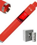 Side view of diamond core drill bit for concrete, red, 2 in dia, Amazon, wet-use; roof-top segments, with concrete block