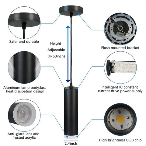 Dope Adjustable Focus Pendant Lights For Kitchen Island And Dining Room, Black Mini LED Spot Pendants, height and design details