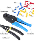 All-In-One Pro-Grade Self-Adjusting Ratchet Wire Crimp Pliers Set With AWG 22-10 Range, wire stripper, connectors outlaid