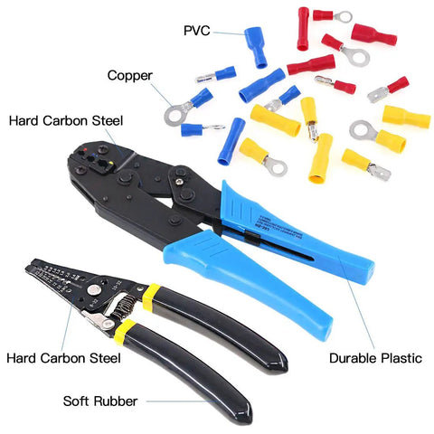 All-In-One Pro-Grade Self-Adjusting Ratchet Wire Crimp Pliers Set With AWG 22-10 Range, wire stripper, connectors outlaid
