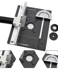 Heavy Duty Aluminum Alloy Router Table Insert Plate Trio Featuring Dead On Precision Drilled Holes And Rock Solid Angle Backstop Fence For Sweet Shop Setups, top view with ruler.