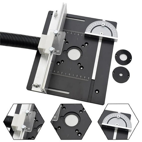 Heavy Duty Aluminum Alloy Router Table Insert Plate Trio Featuring Dead On Precision Drilled Holes And Rock Solid Angle Backstop Fence For Sweet Shop Setups, top view with ruler.