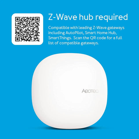 Z Wave Plus Gen7 Illumino On Off Wall Switch V2 QR code for hub compatibility scan, blue background, white hub display