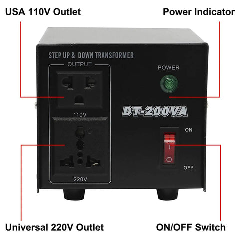 Front view of Beefy Heavy Duty Voltage Converter Transformer Step Up Down 110V To 220V And 220V To 110V with power switch and outlets