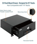 Heavy Gauge 2U Rack Mount Drawer For Server Cabinet With Smooth Locking Slide And Cable Management Cutouts Boasts Knockout Cold Rolled Steel Construction, featuring a black electro-static powder coated finish.