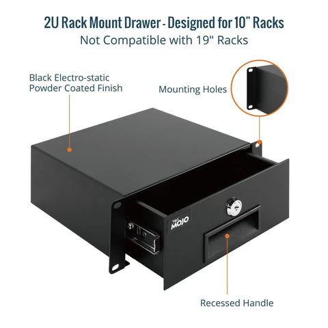 Heavy Gauge 2U Rack Mount Drawer For Server Cabinet With Smooth Locking Slide And Cable Management Cutouts Boasts Knockout Cold Rolled Steel Construction, featuring a black electro-static powder coated finish.