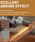 42 Piece Aluminum Oxide Sanding Bit Set with One Eighth Inch Shank for rotary tools showing sanding effect on metal